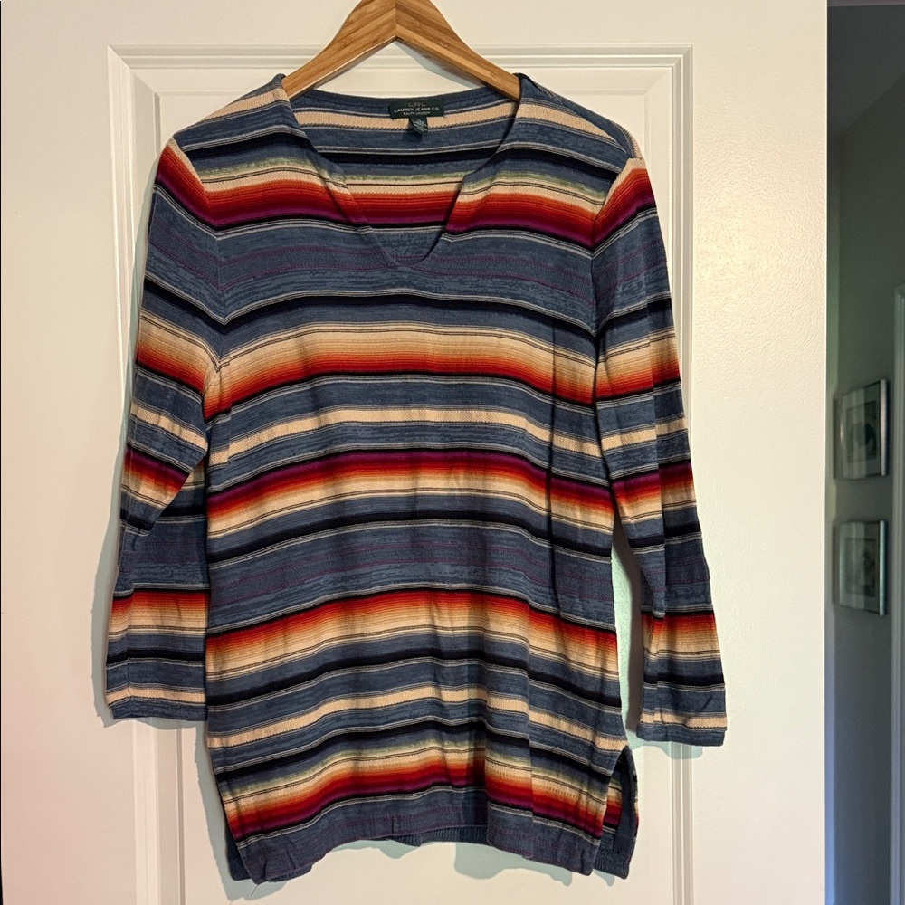 LRL Lauren Ralph Lauren Striped V-Neck tunic sweater XL EUC  cowboy vintage